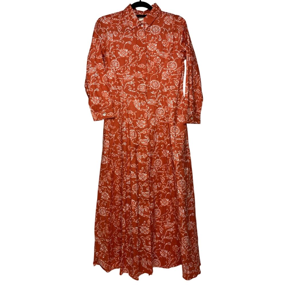 Julia Amory Women's Small Shirt Dress Maxi Red Floral 100% Cotton Pockets NWT